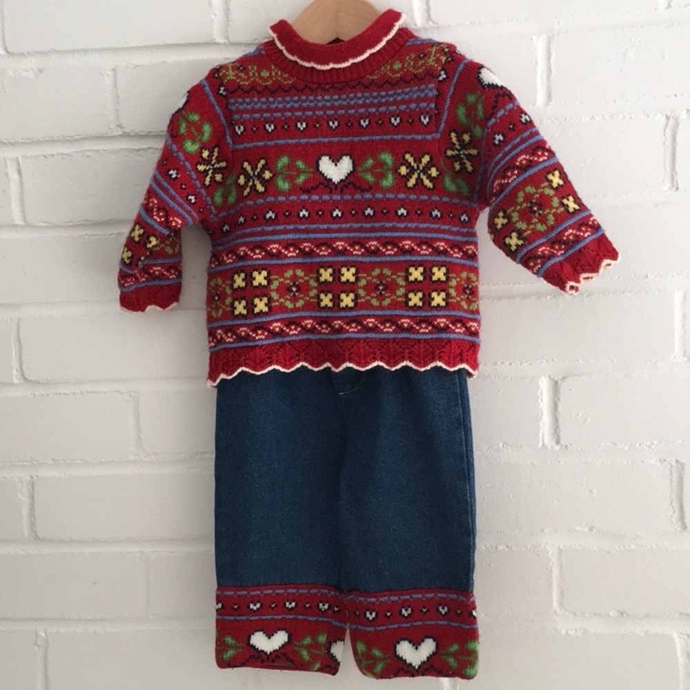classic vintage two-piece winter warm baby denim sweater outfit size 6-9 months